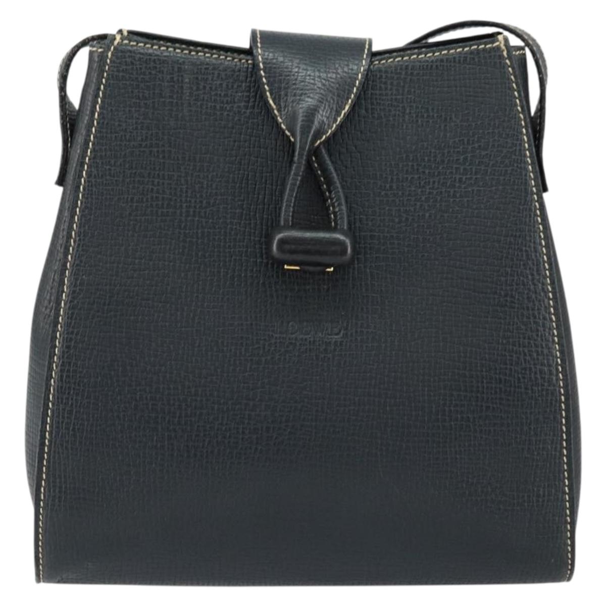 LOEWE Turn Lock Shoulder Bag Leather Navy Gold Auth BA8032