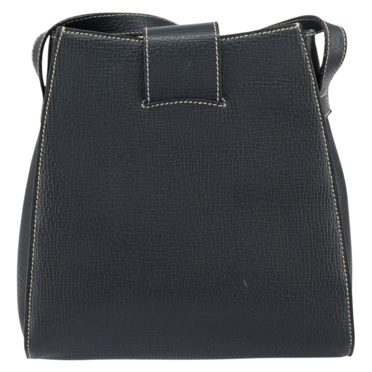 LOEWE Turn Lock Shoulder Bag Leather Navy Gold Auth BA8032