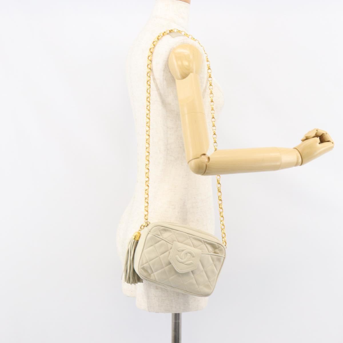 CHANEL Matelasse Chain Shoulder Bag Lamb Skin Beige Gold CC Auth BA8033