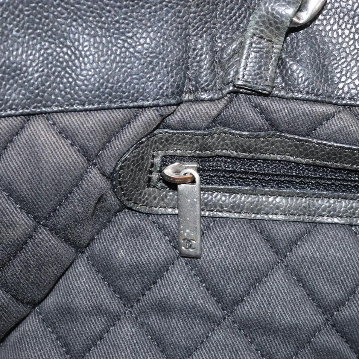 CHANEL Chain Tote Bag Caviar Skin Black Silver CC Auth BA8036
