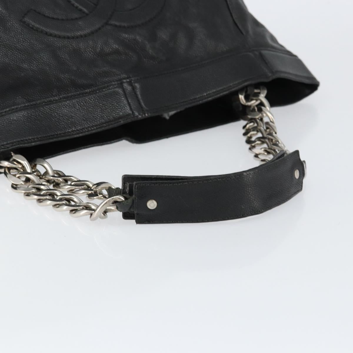CHANEL Chain Tote Bag Caviar Skin Black Silver CC Auth BA8036