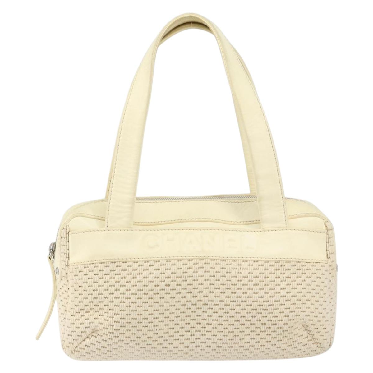 CHANEL Tote Bag Canvas Leather White Silver CC Auth BA8037