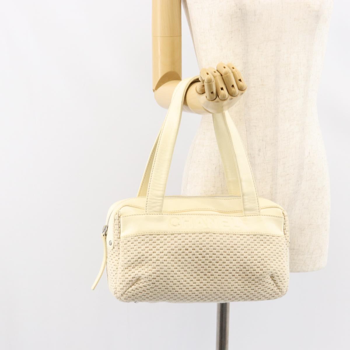 CHANEL Tote Bag Canvas Leather White Silver CC Auth BA8037