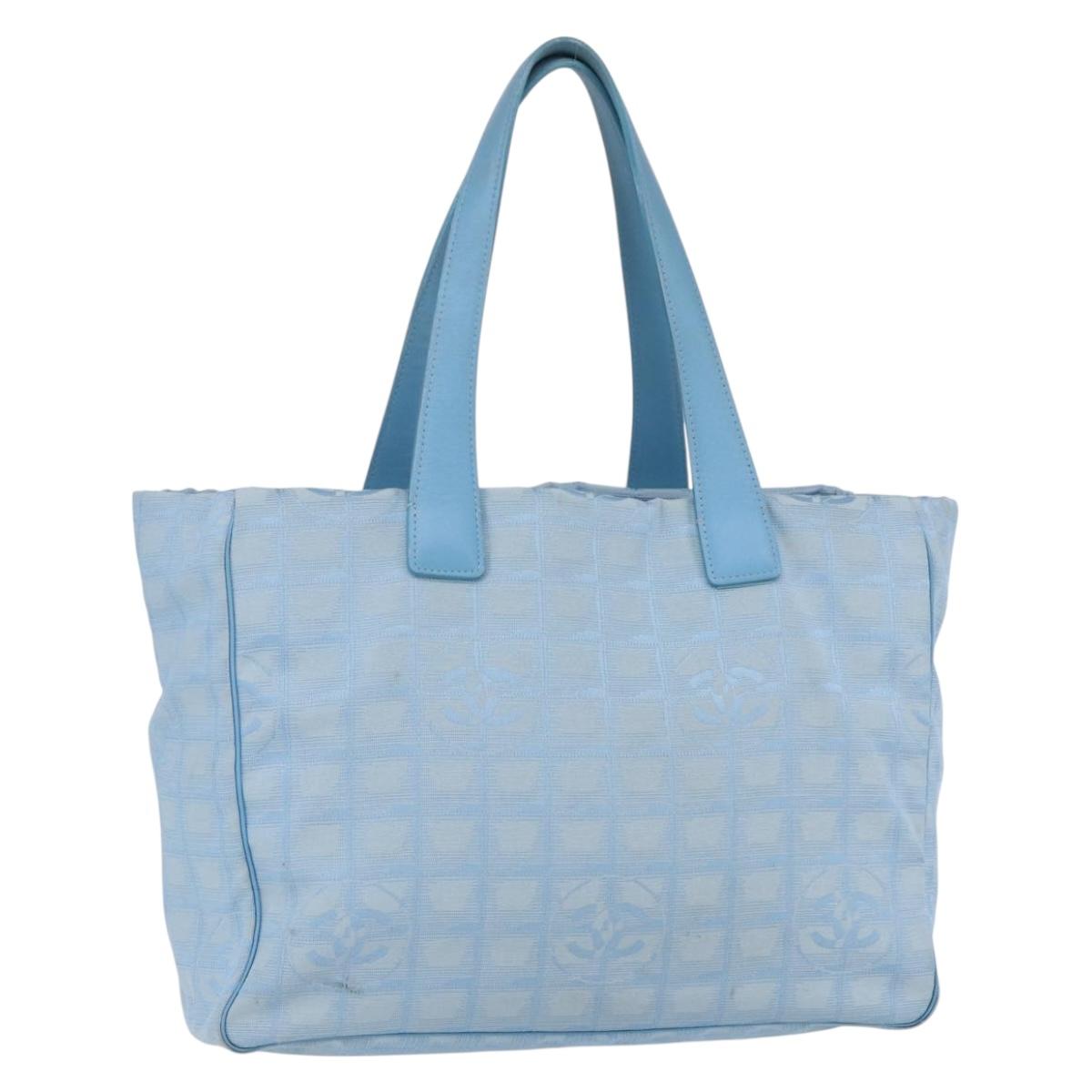 CHANEL New Travel Line Tote Bag Nylon Light Blue Silver CC Auth BA8038
