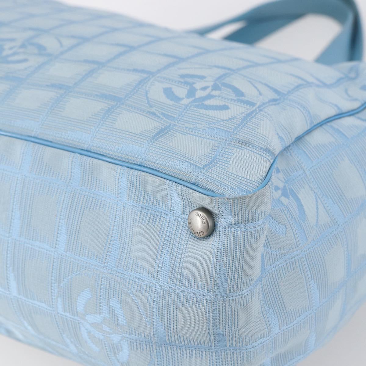 CHANEL New Travel Line Tote Bag Nylon Light Blue Silver CC Auth BA8038