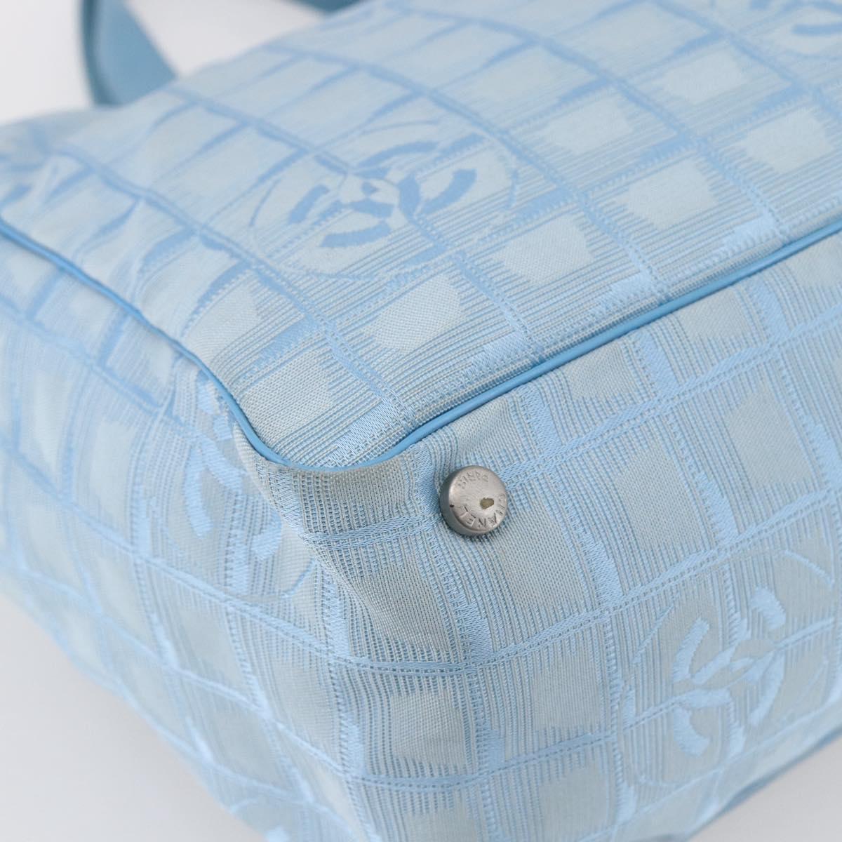 CHANEL New Travel Line Tote Bag Nylon Light Blue Silver CC Auth BA8038