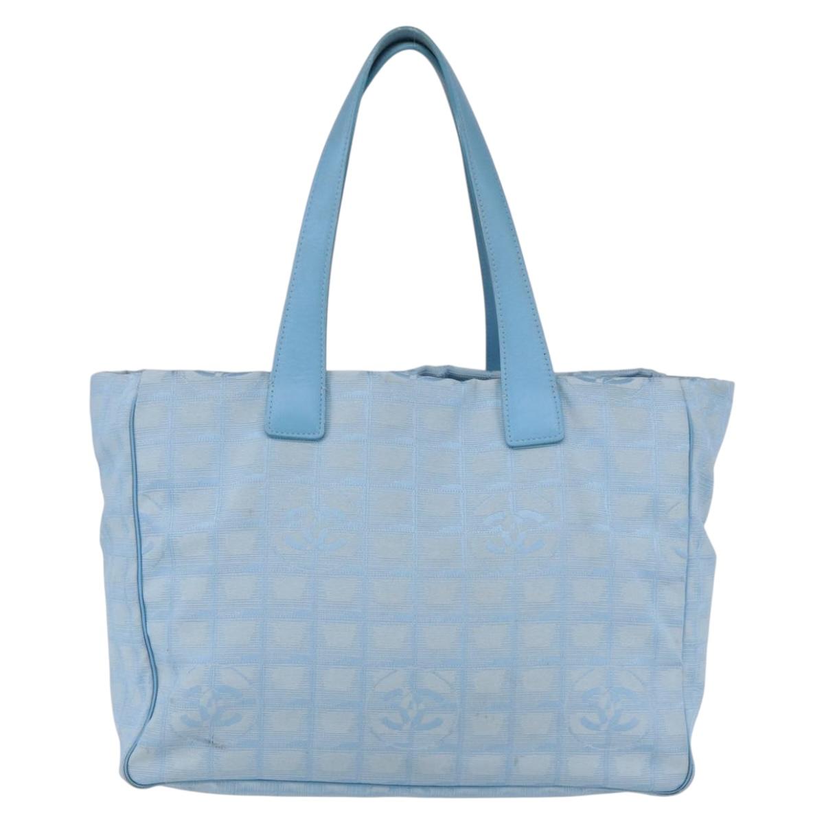 CHANEL New Travel Line Tote Bag Nylon Light Blue Silver CC Auth BA8038