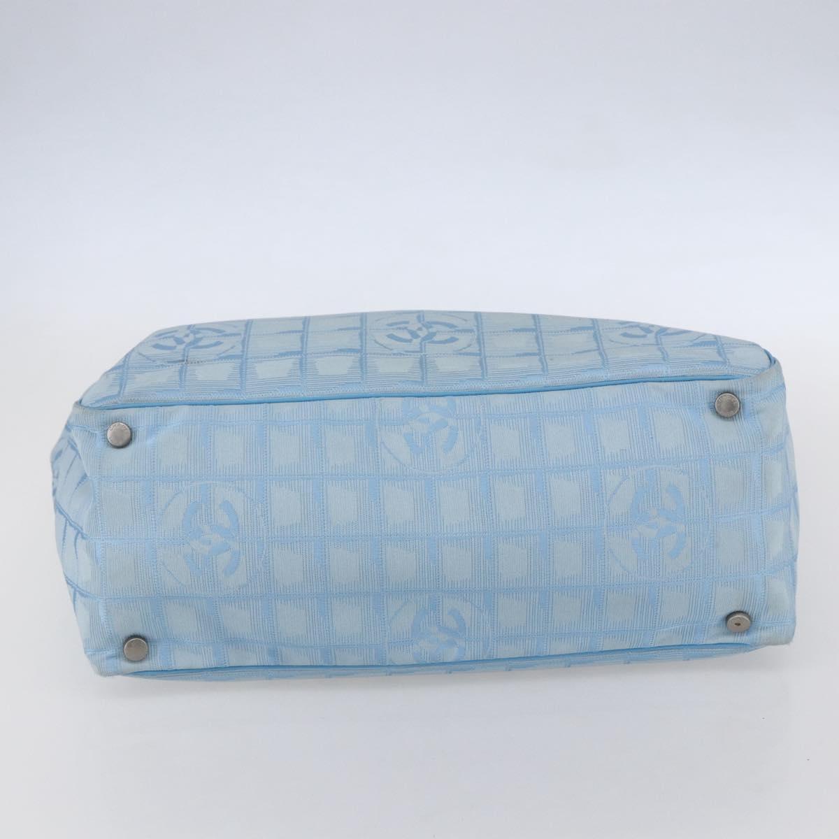 CHANEL New Travel Line Tote Bag Nylon Light Blue Silver CC Auth BA8038