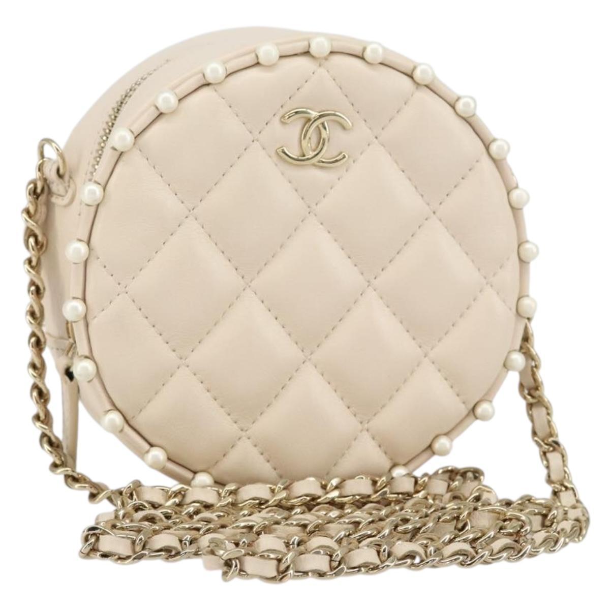 CHANEL Matelasse Chain Shoulder Bag Lamb Skin Beige Gold CC Auth BA8041