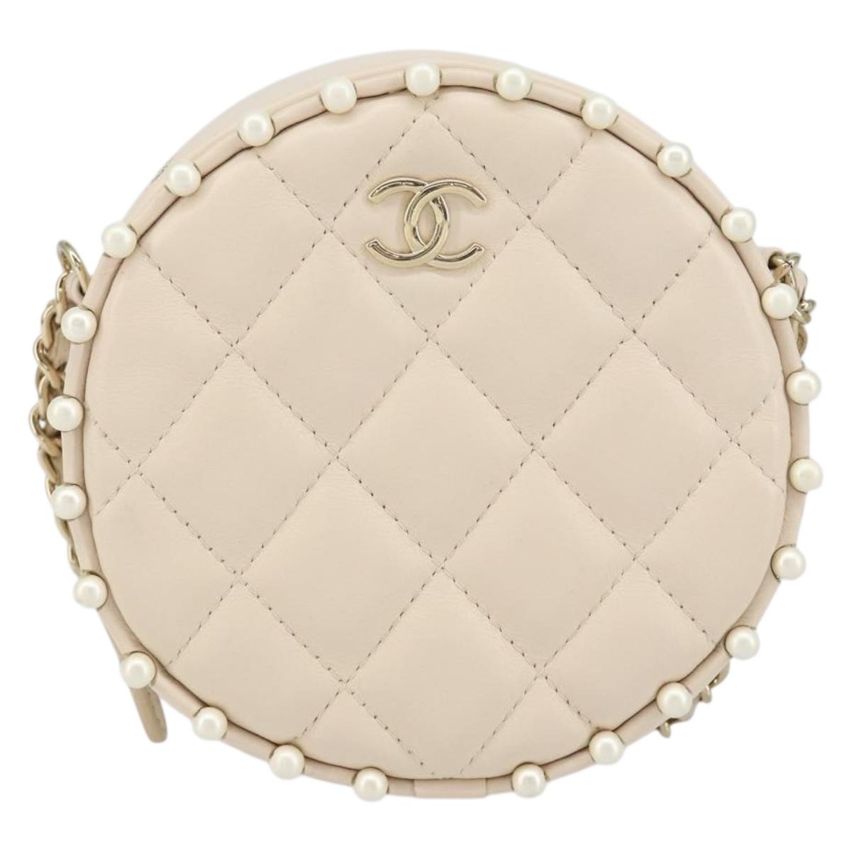 CHANEL Matelasse Chain Shoulder Bag Lamb Skin Beige Gold CC Auth ba8041M