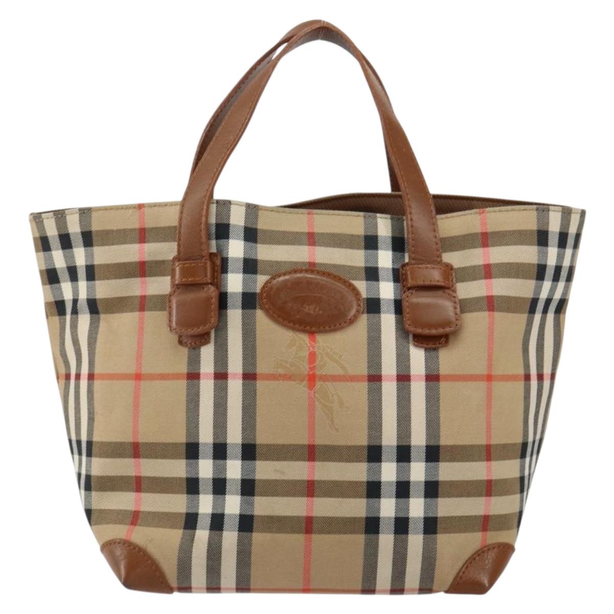 Burberrys Nova Check Hand Bag Canvas Beige Gold Auth BA8044