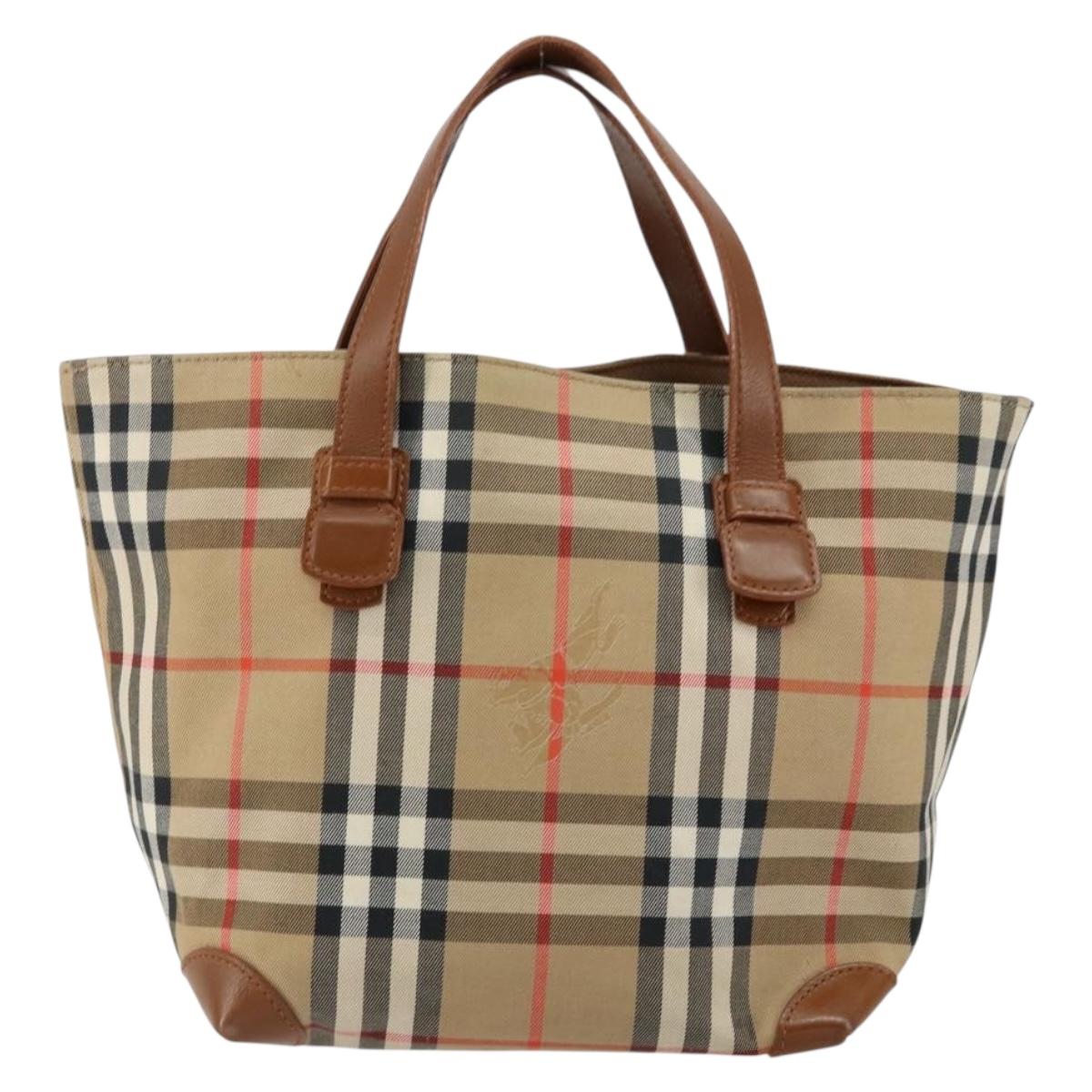 Burberrys Nova Check Hand Bag Canvas Beige Gold Auth BA8044