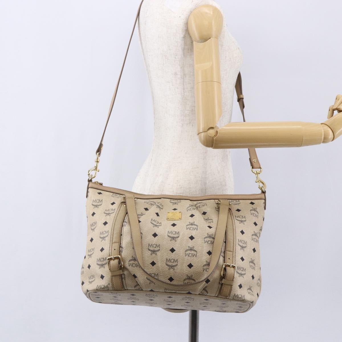 MCM Vicetos Logogram Tote Bag PVC Leather 2way Beige Gold Auth BA8048