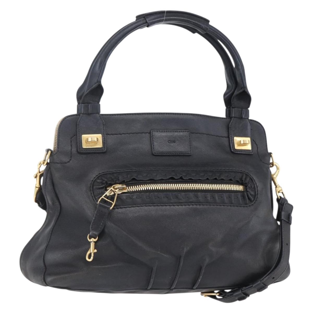 Chloe Etel Hand Bag Leather 2way Black Gold Auth BA8052