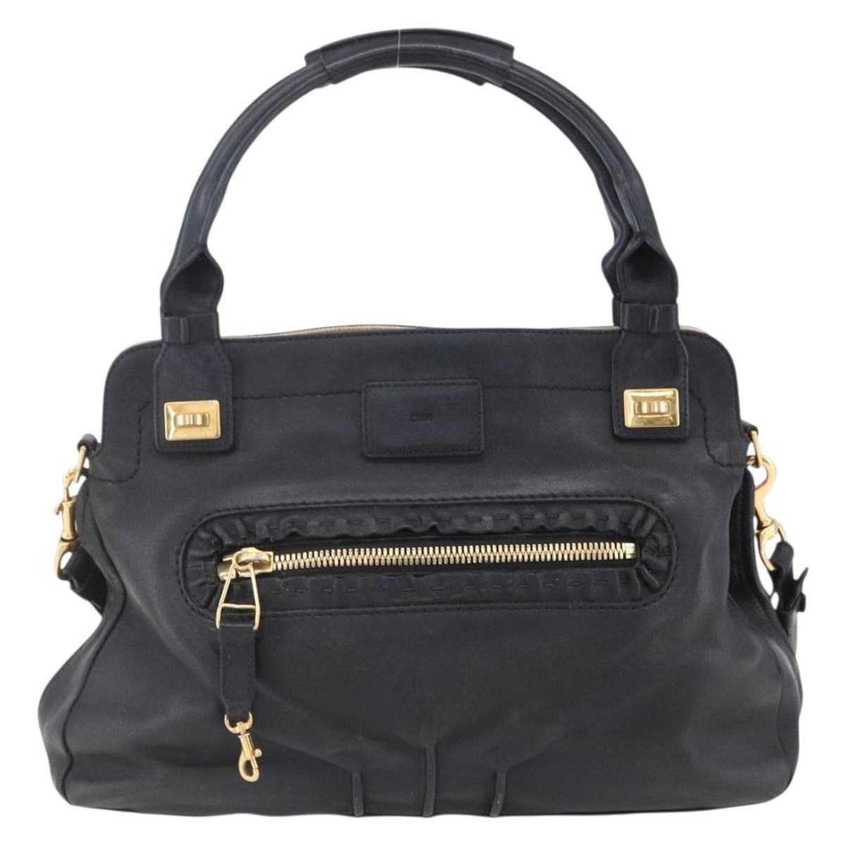 Chloe Etel Hand Bag Leather 2way Black Gold Auth BA8052