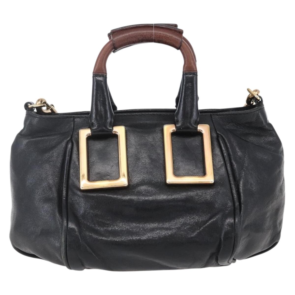 Chloe Etel Hand Bag Leather 2way Black Gold Auth BA8054