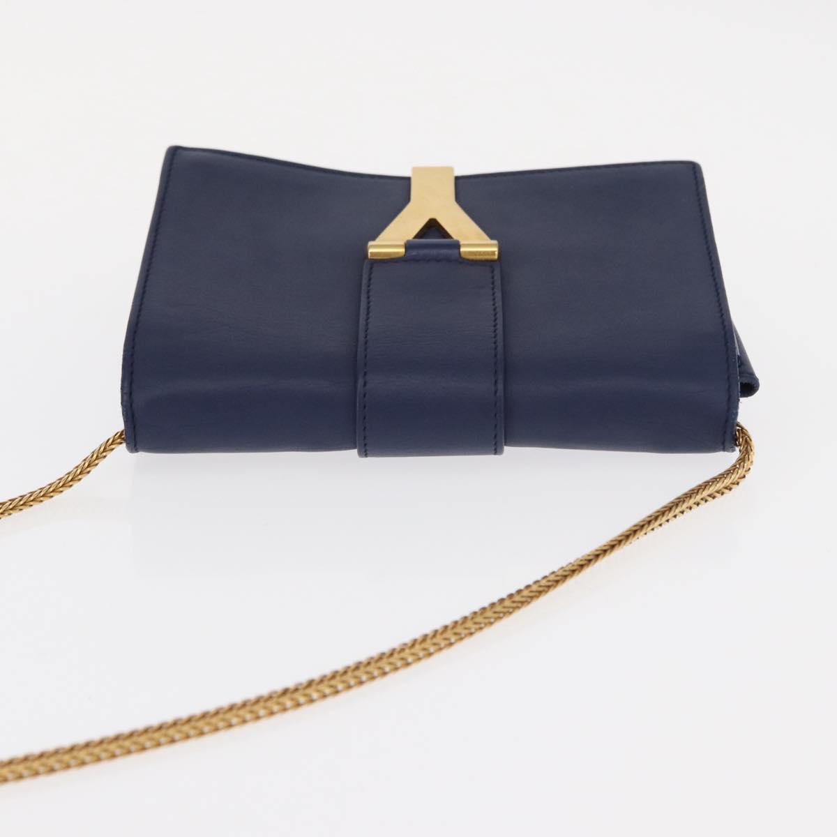 SAINT LAURENT Y Line Chain Satchel Small Bag Leather Blue Gold Auth BA8058