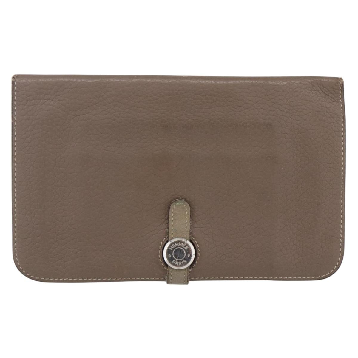HERMES Dogon Duo GM Wallet Leather Gray Auth BA8060
