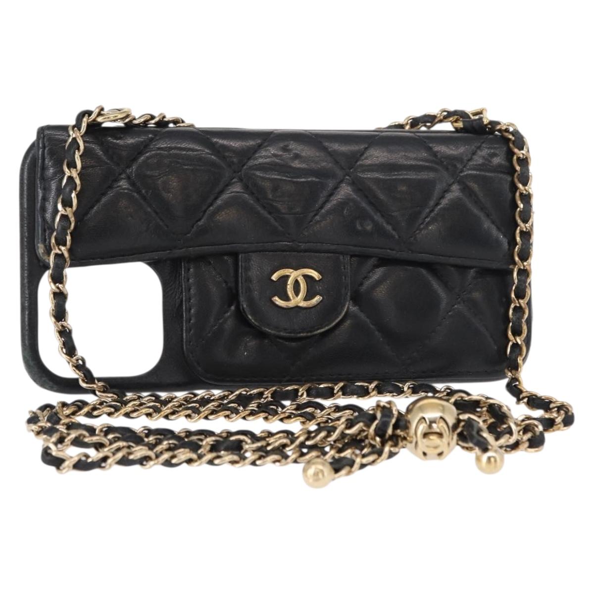 CHANEL Matelasse Chain iPhone 13 Pro Max Case Lamb Skin Black CC Auth BA8062