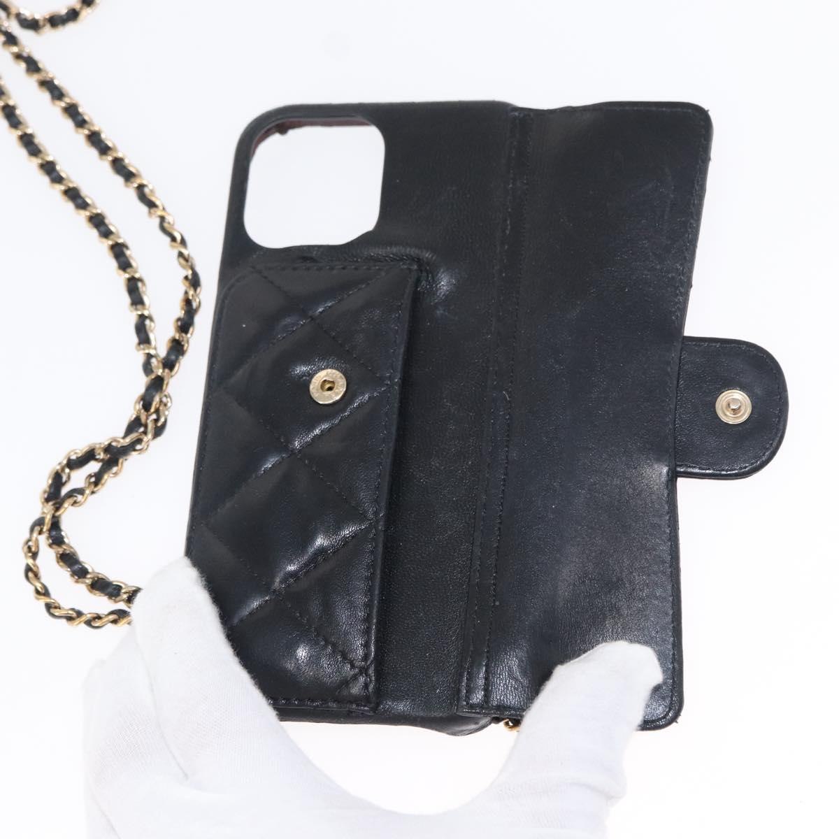 CHANEL Matelasse Chain iPhone 13 Pro Max Case Lamb Skin Black CC Auth BA8062