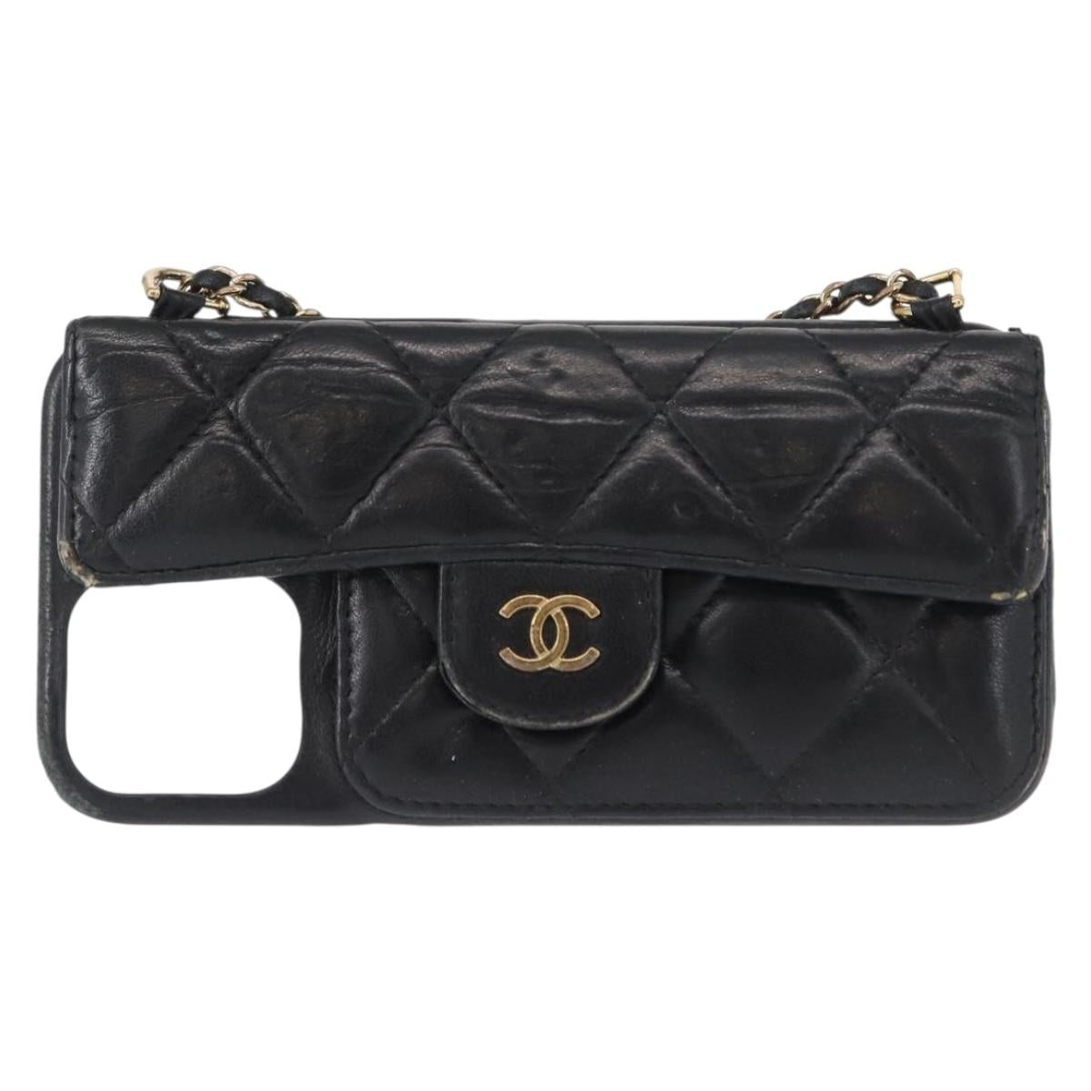 CHANEL Matelasse Chain iPhone 13 Pro Max Case Lamb Skin Black CC Auth BA8062