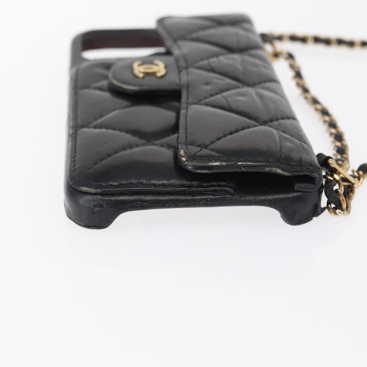 CHANEL Matelasse Chain iPhone 13 Pro Max Case Lamb Skin Black CC Auth BA8062