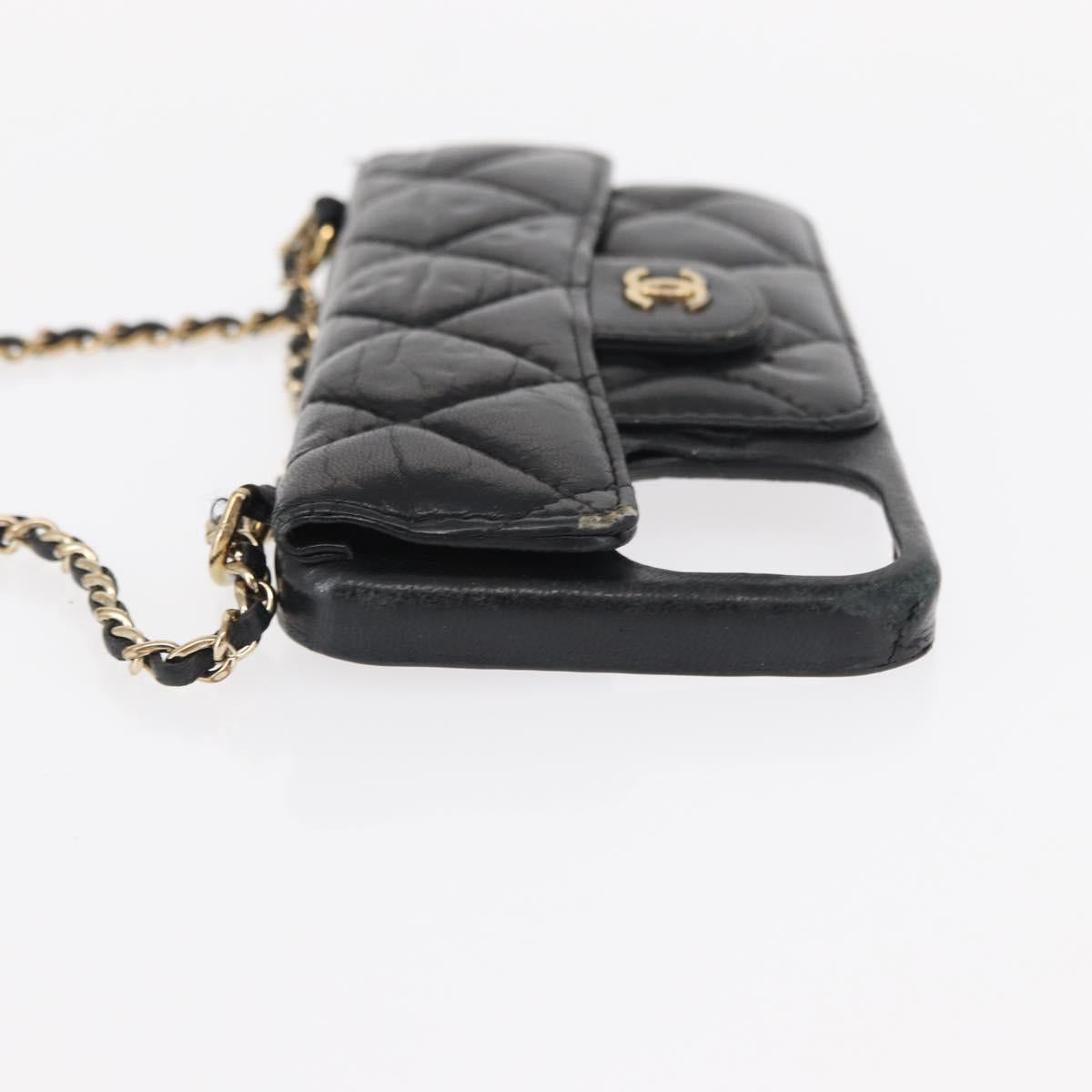 CHANEL Matelasse Chain iPhone 13 Pro Max Case Lamb Skin Black CC Auth BA8062