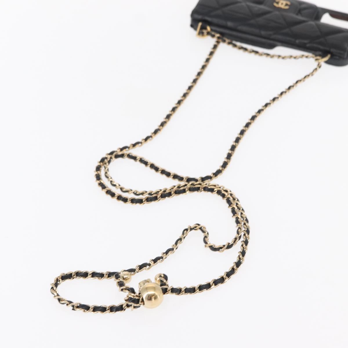 CHANEL Matelasse Chain iPhone 13 Pro Max Case Lamb Skin Black CC Auth BA8062