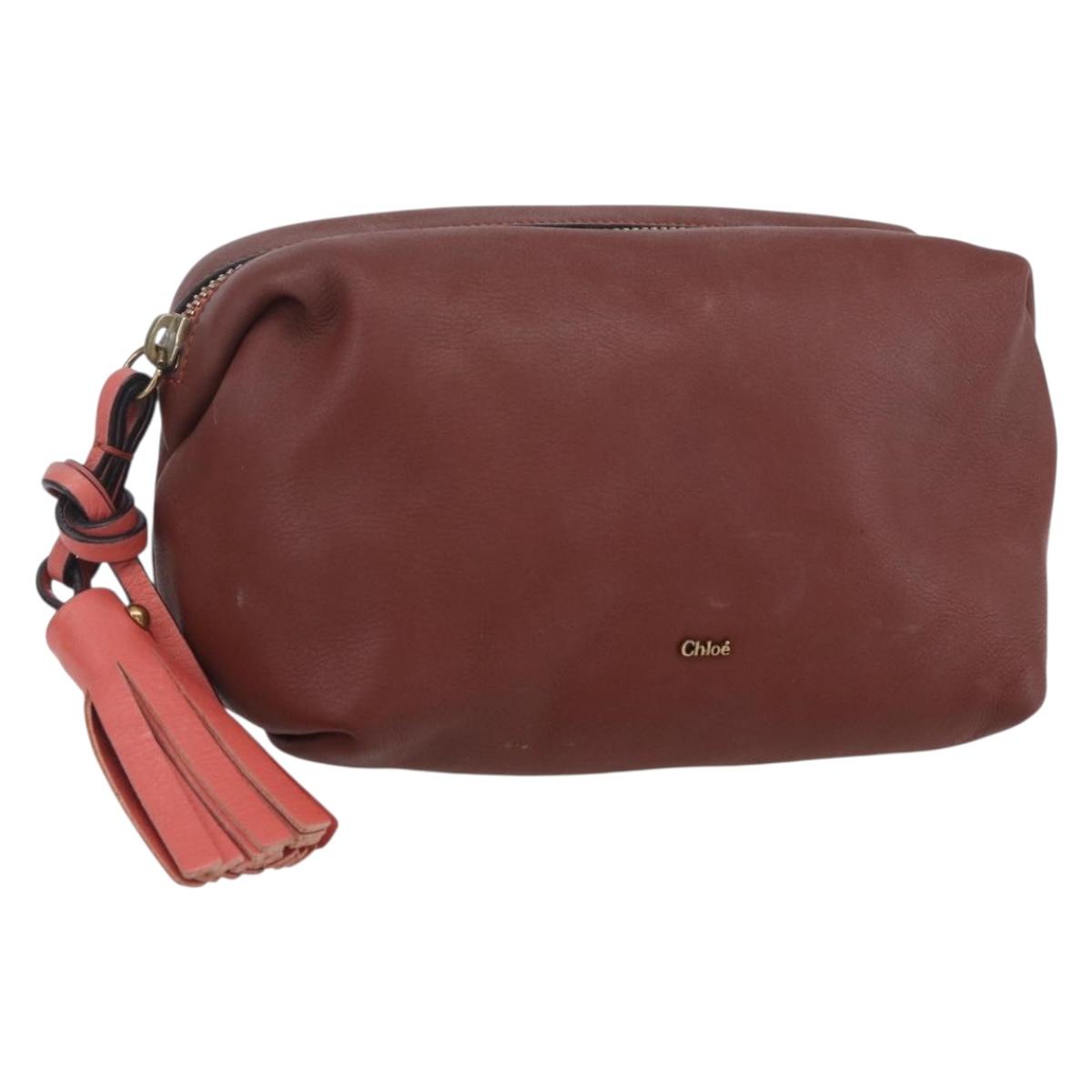Chloe Pouch Leather Brown Gold Auth BA8064