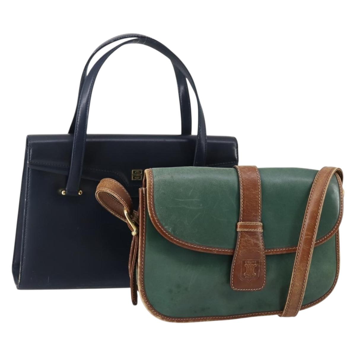 CELINE Givenchy Hand Bag Leather 2 Set Navy Green Auth BA8093