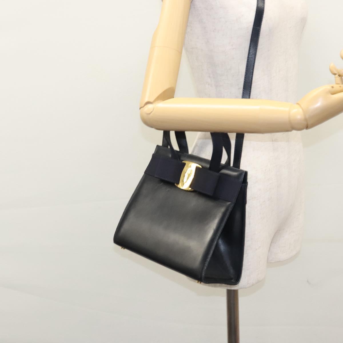 Salvatore Ferragamo Vala Hand Bag Leather 2way Navy Gold Auth BA817