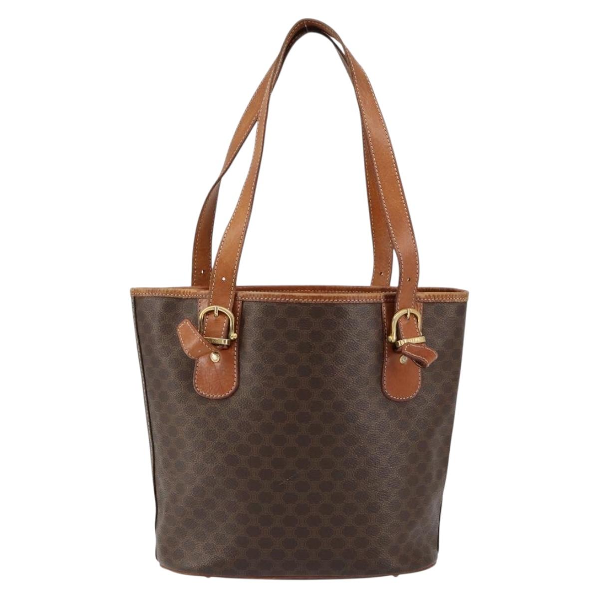 CELINE Macadam Canvas Tote Bag PVC Leather Brown Gold Auth BA8172