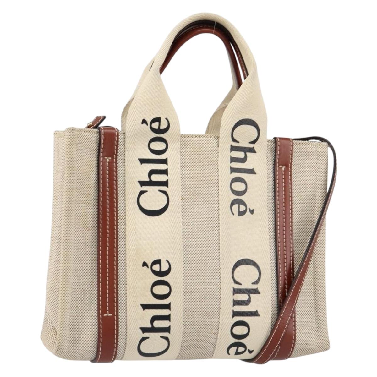 Chloe Woody Hand Bag Canvas Leather 2way Beige Gold Auth BA8173