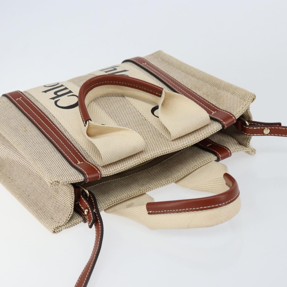 Chloe Woody Hand Bag Canvas Leather 2way Beige Gold Auth BA8173