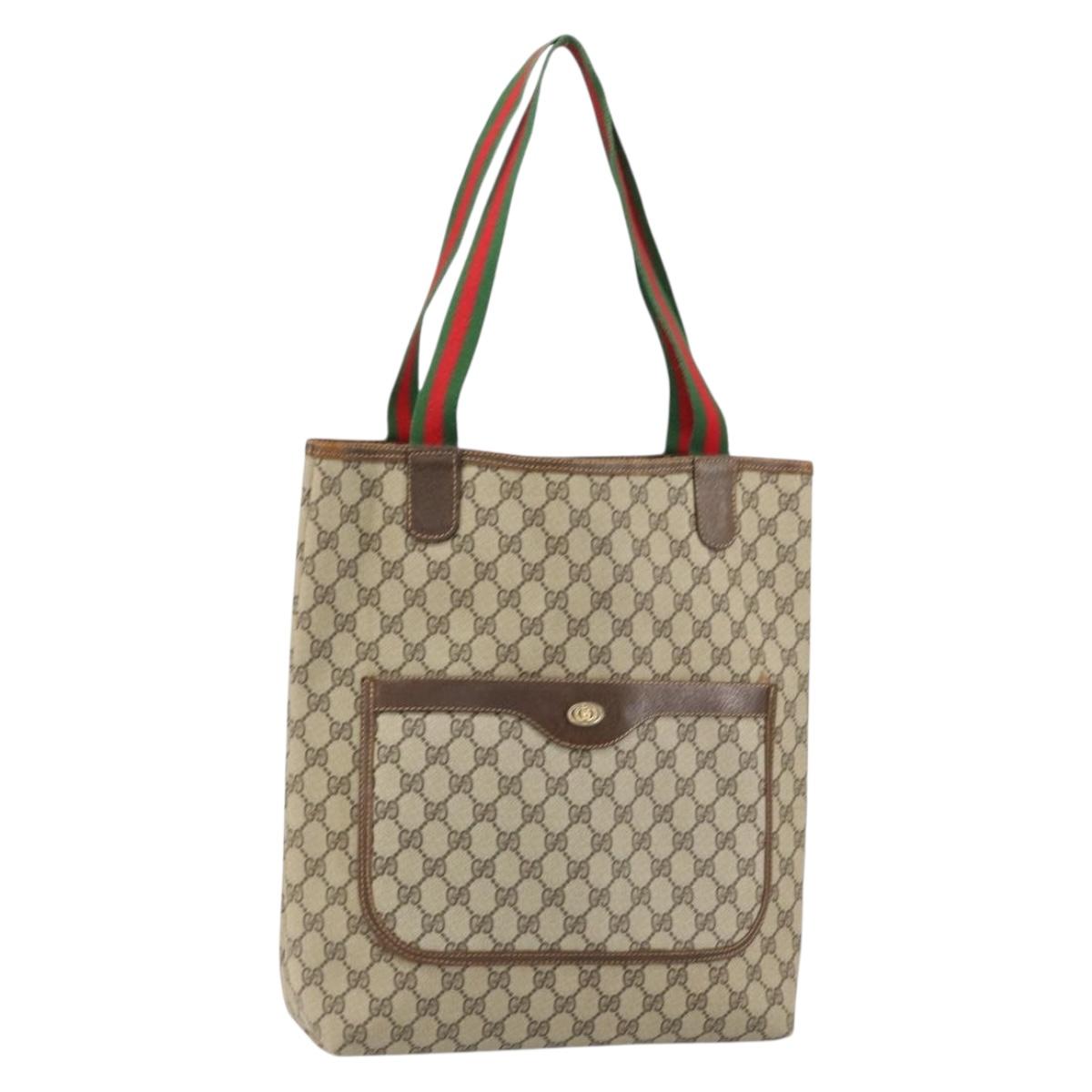 GUCCI GG Supreme Web Sherry Line Tote Bag PVC Beige Auth BA8180