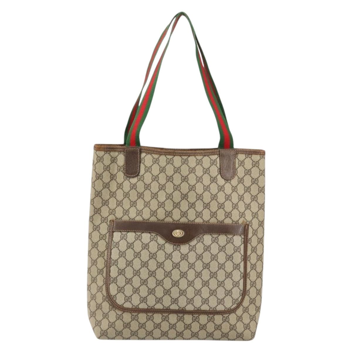 GUCCI GG Supreme Web Sherry Line Tote Bag PVC Beige Auth BA8180
