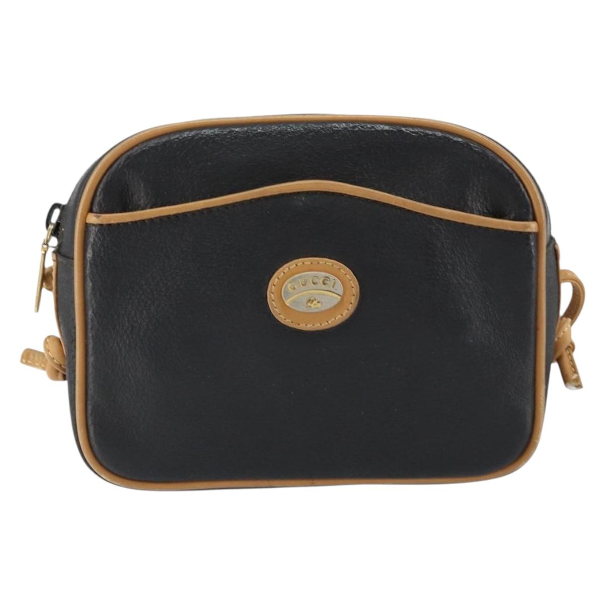 GUCCI Shoulder Bag Leather Black Gold Auth BA8193