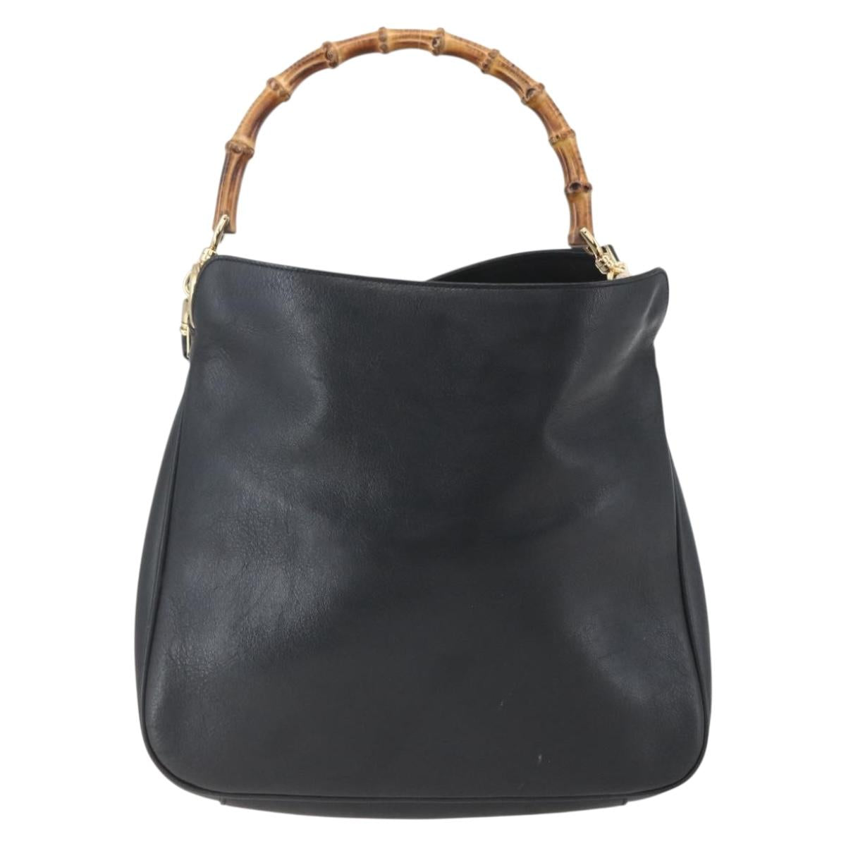GUCCI Bamboo Hand Bag Leather 2way Black Gold 001 1998 1638 Auth BA8194