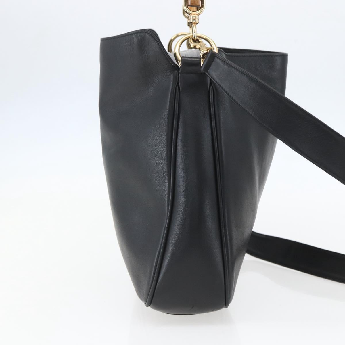 GUCCI Bamboo Hand Bag Leather 2way Black Gold 001 1998 1638 Auth BA8194