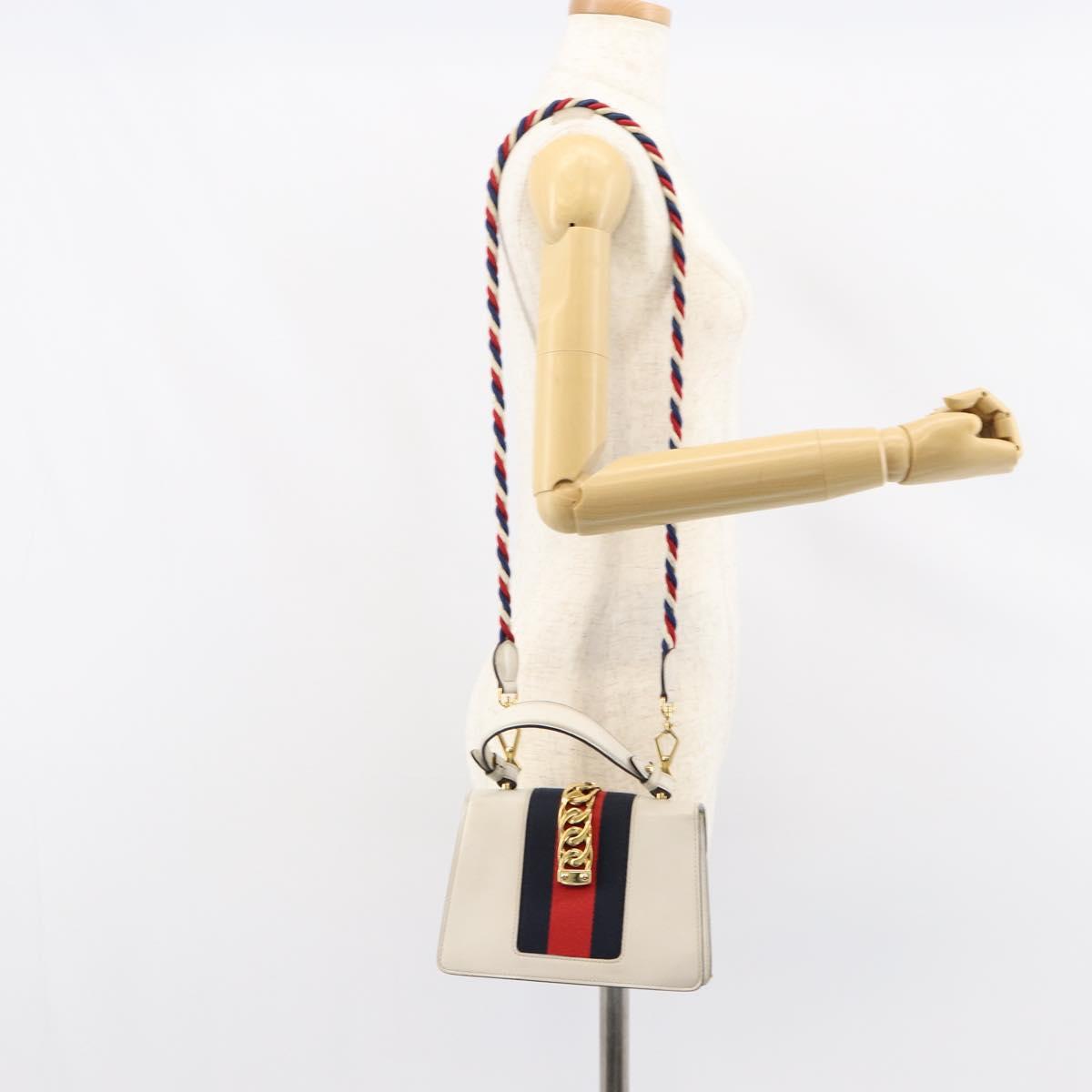 GUCCI Sherry Line Hand Bag Leather 2way White Gold Navy 470270 Auth BA8197