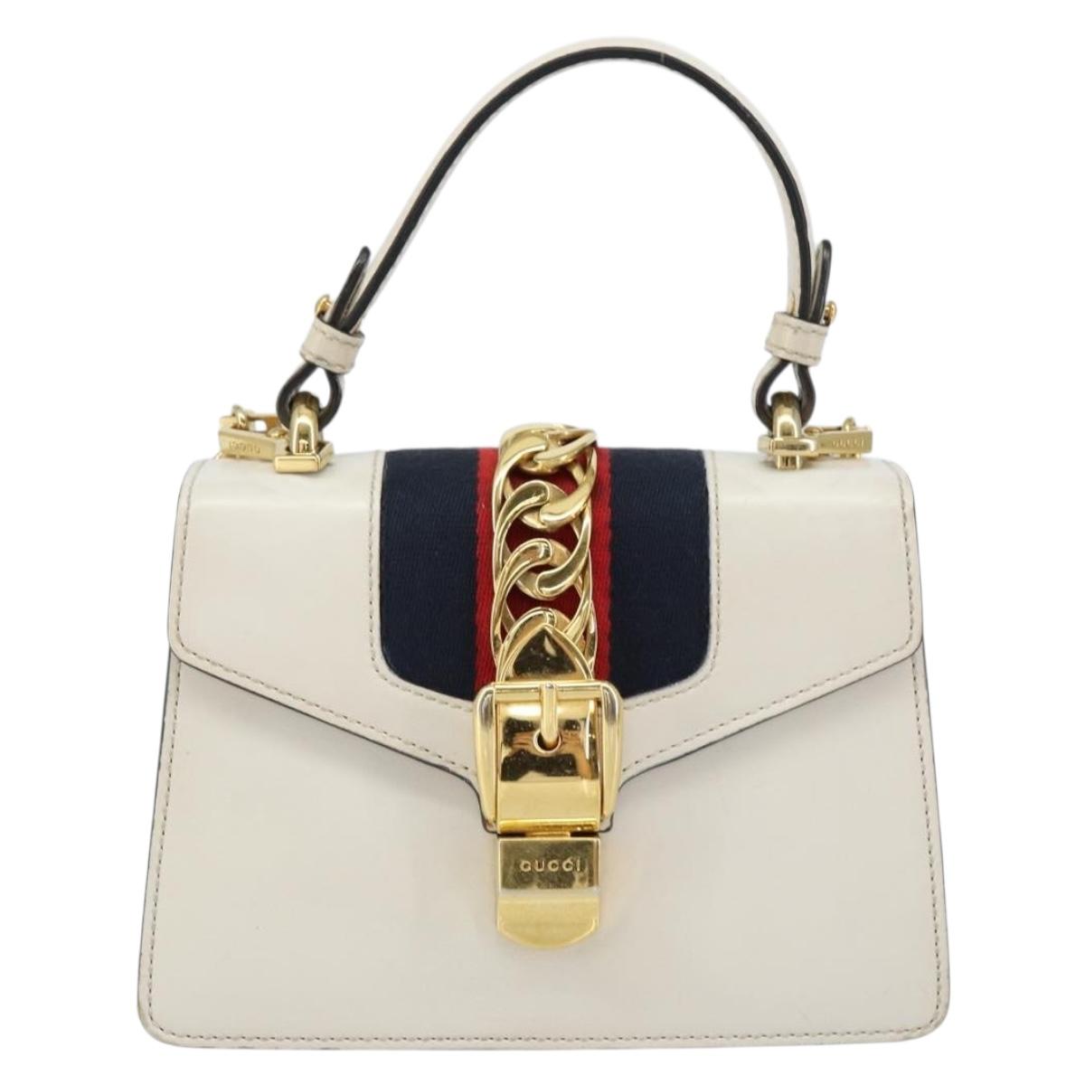 GUCCI Sherry Line Hand Bag Leather 2way White Gold Navy 470270 Auth BA8197