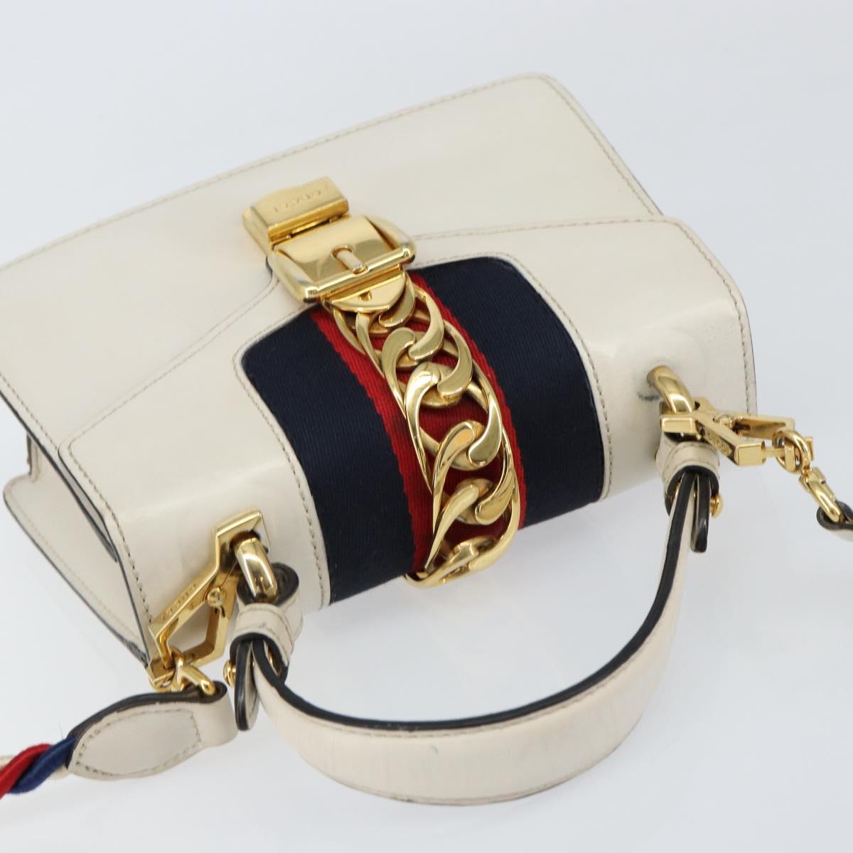 GUCCI Sherry Line Hand Bag Leather 2way White Gold Navy 470270 Auth BA8197