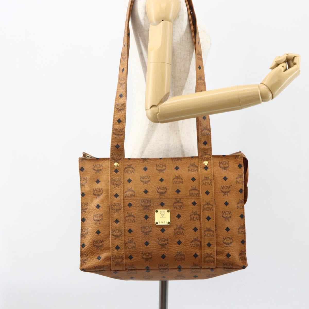 MCM Logogram Vicetos Tote Bag PVC Leather Brown Gold Auth BA8200