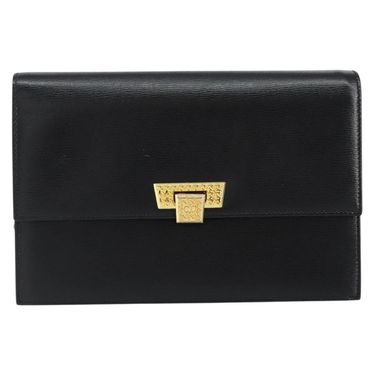 Christian Dior Chain Shoulder Bag Leather Black Gold Auth BA8202