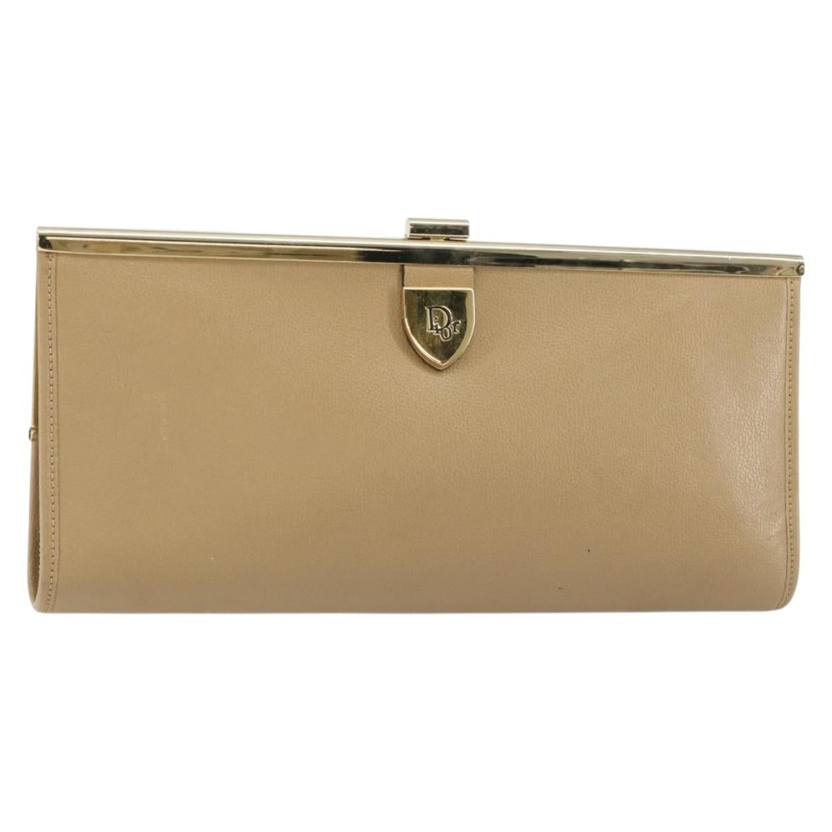 Christian Dior Clutch Bag Leather Beige Gold Auth BA8203