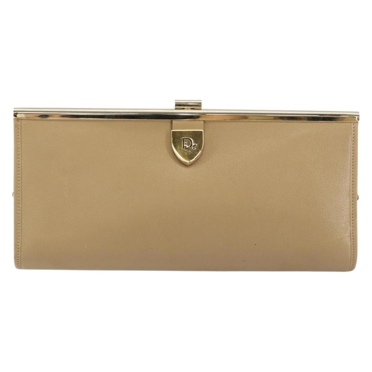 Christian Dior Clutch Bag Leather Beige Gold Auth BA8203
