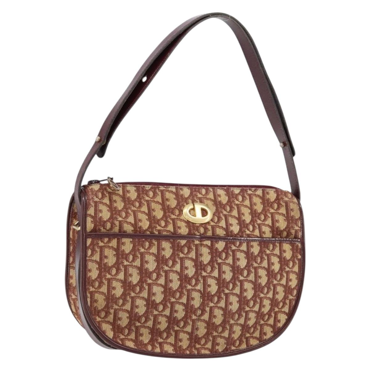 Christian Dior Trotter Canvas Shoulder Bag Beige Gold Auth BA8208