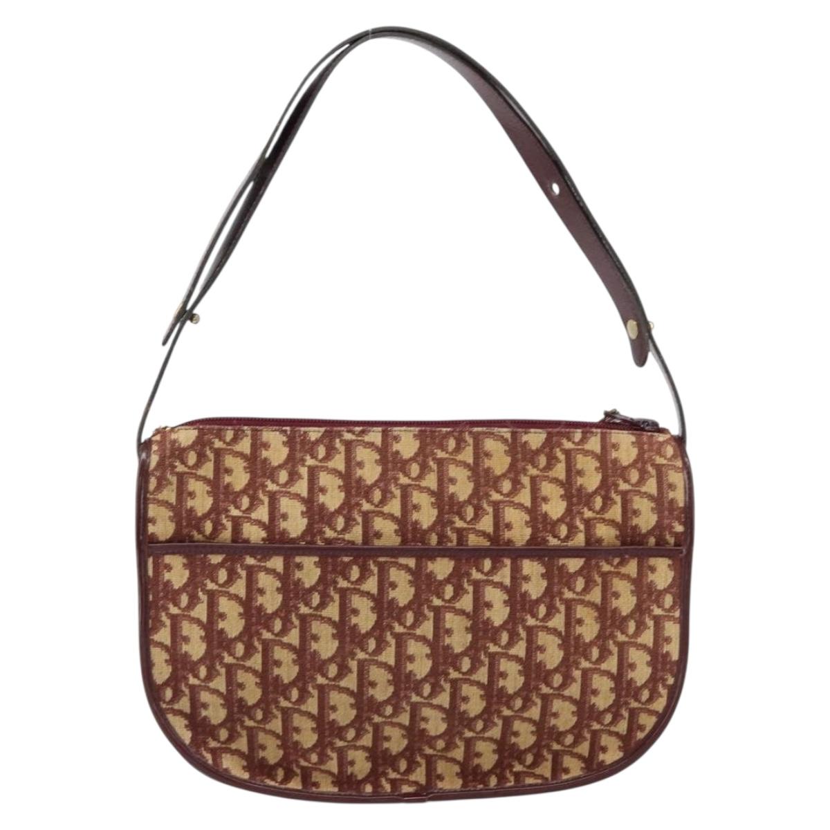 Christian Dior Trotter Canvas Shoulder Bag Beige Gold Auth BA8208