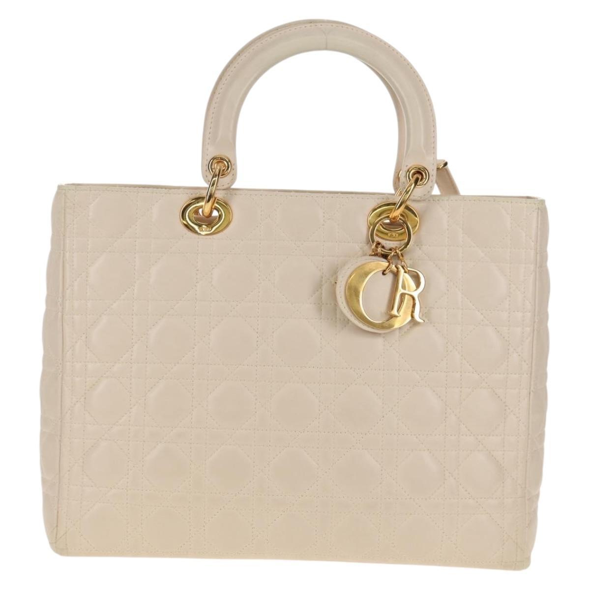 Christian Dior Canage Hand Bag Leather 2way White Gold Auth BA8211V