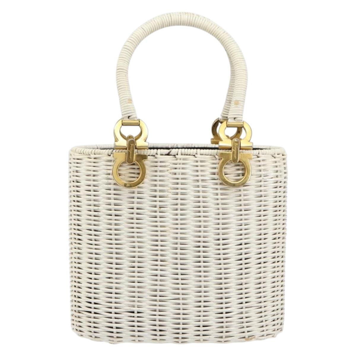 Salvatore Ferragamo Gancini Hand Bag Rattan White Gold Auth BA8212